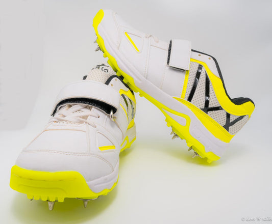 Shoes Hattrick - SwiftStrike Cricket Spike Shoes for Kids / Youth / Men - White and Yellow